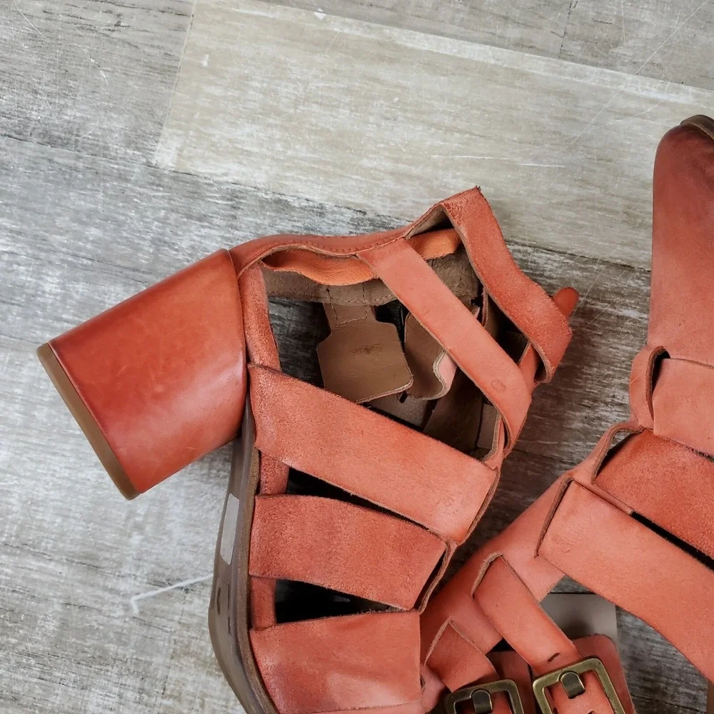 AS98‎ Evie Booties Orange Suede Strappy Cut Out Block Heel Sz 6.5 - 7 EU 37 NWOB